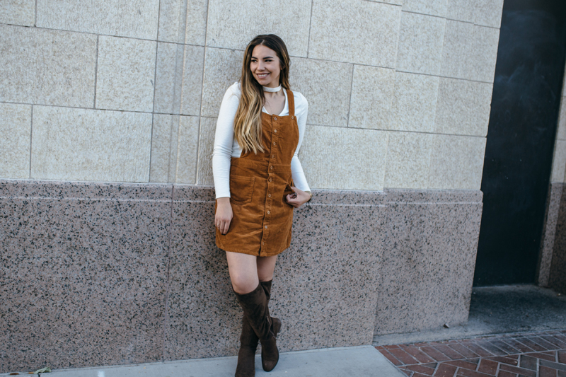 overall dress with boots