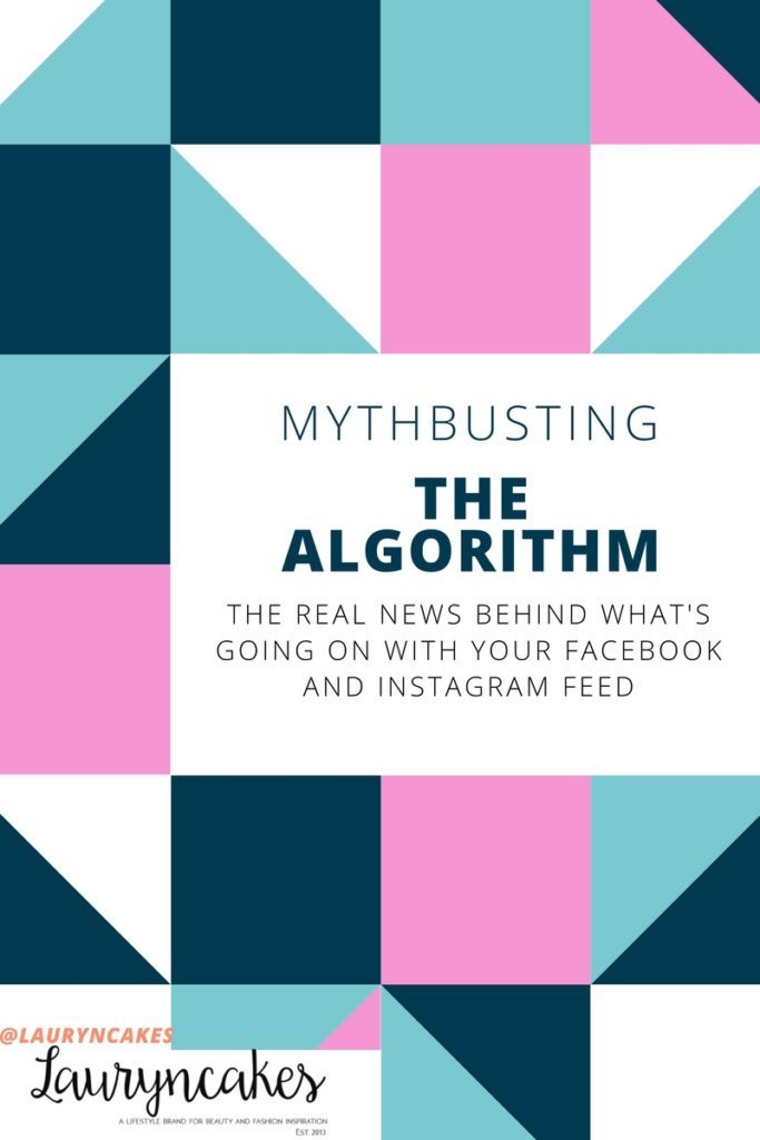 Light and dark blue, pink, and white geometric shapes with text that says "mythbusting the algorithm: the real news behind what's going on with your facebook and Instagram feed"