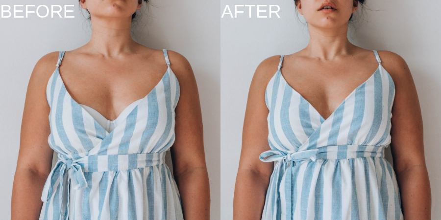 Before and after side-by-side photo using double-sided fabric tape to hold a plunging neckline up