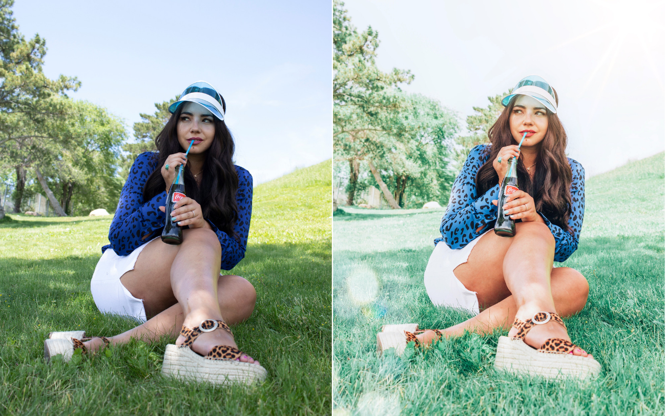 Before and after photo edit: Lauryncakes drinking from a glass coke bottle while sitting on the grass in leopard print clothing