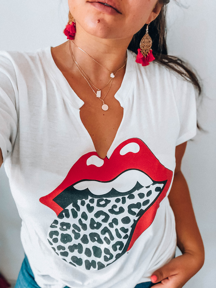 Lauryncakes (woman) wearing a  Rolling Stone leopard print band tee | Fall Fashion Trends 2020