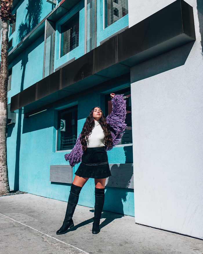 Lauryncakes visits Las Vegas, Nevada while wearing a purple, fringe cardigan, suede mini skirt,k and over the knee boots. |  | Fall Fashion Trends 2020