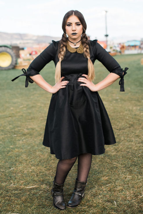 Use a black dress in your closet for a DIY Wednesday Addams costume