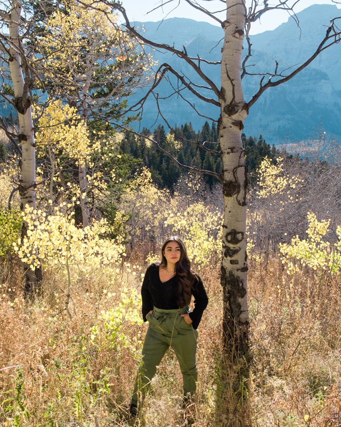 High waist pants and a sweater for a UT fall outfit. Photo taken in Provo Canyon
