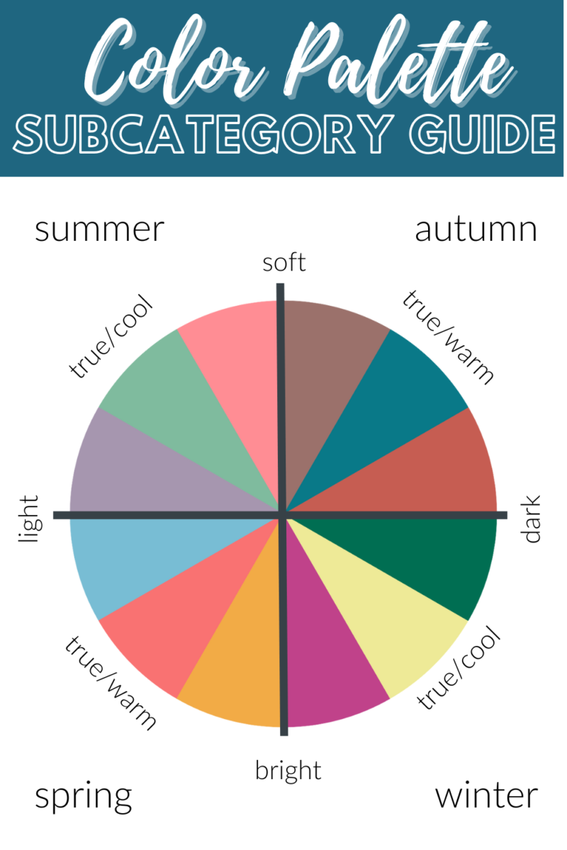 Color Analysis wheel for Autumn, Winter, Sprung, and Summer with subcategories