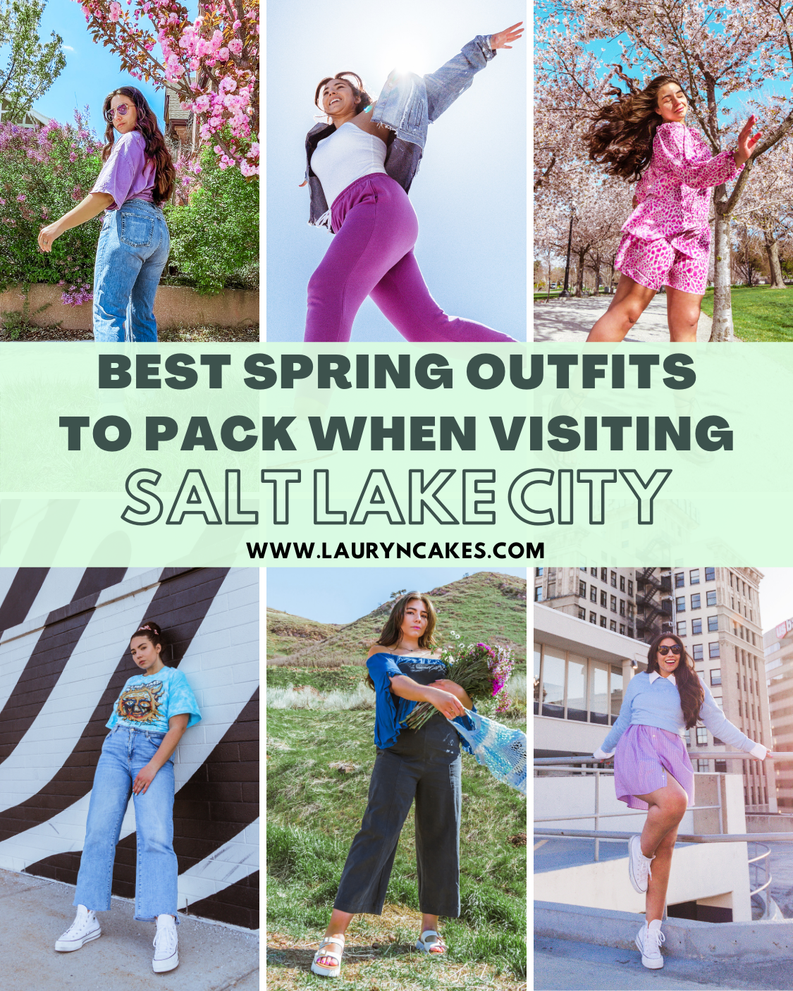 6 fashion outfits with the words, "best spring outfits to pack when visiting salt lake city" on it