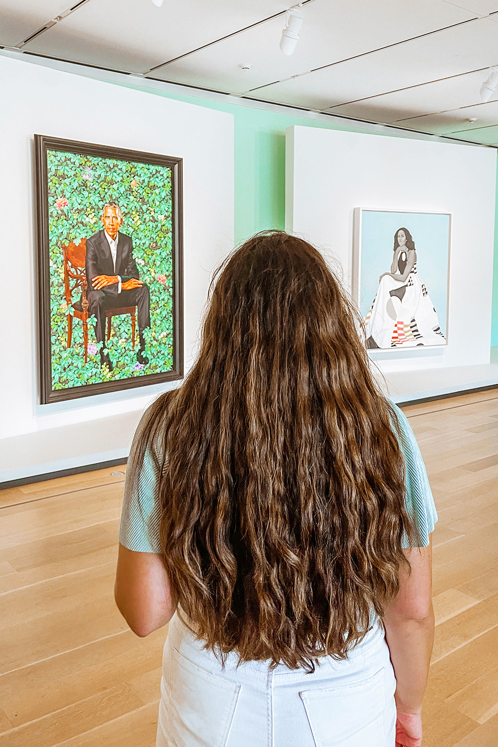 the back of a Lauryncake's head showing her long, brunette, naturally curly hair while she looks at the Obama portraits at the Art Institute of Chicago