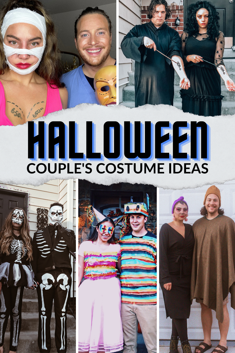 collage of 5 photos showing a man and a woman dressed up different ways. the image says "halloween couples's costume ideas"