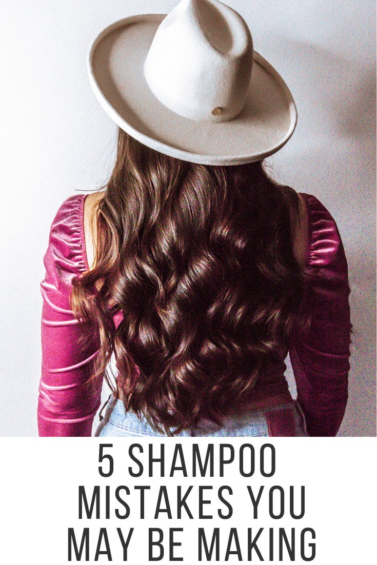 Image says "5 shampoo mistakes you may be making" with the backside of a woman's head with long brunette hair in curls
