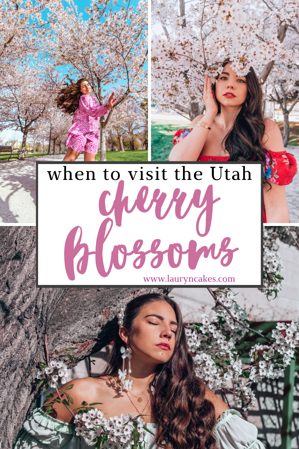 collage images of a woman, Lauryncakes near a blooming floral trees. Image has words that say, "ultimate guide to Salt Lake City, Utah Cherry Blossom Trees"