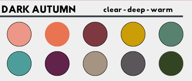 color palette showing 10 shades that Dark Autumn people should wear for color analysis in fashion