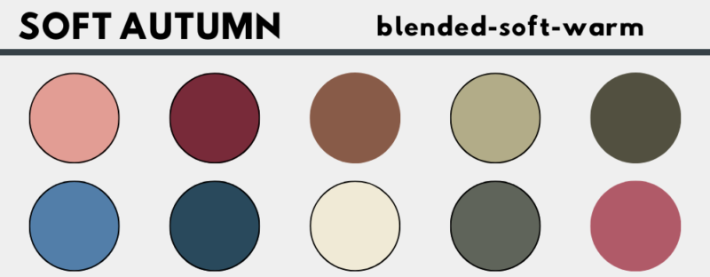 color palette showing 10 shades that Soft Autumn people should wear for color analysis in fashion